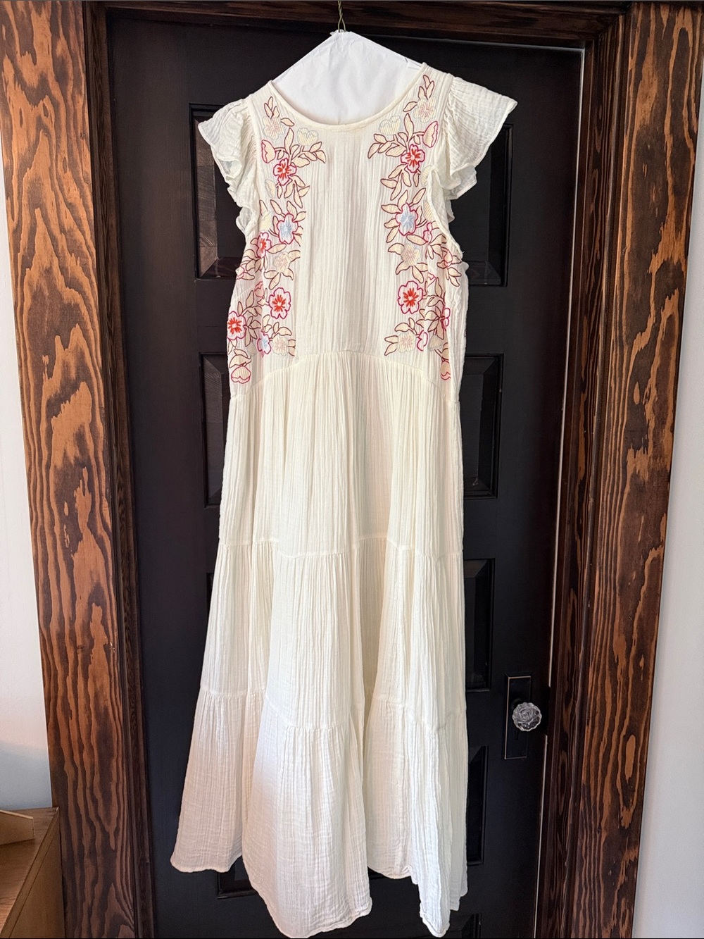 Little Moon Cream Midi Dress with Pink & Red Floral Embroidery
